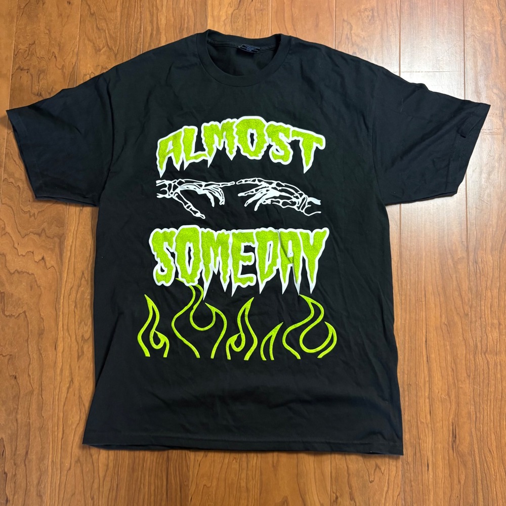 Almost Someday Mens Large T-Shirt Black Neon Green Skeleton Hands Flames Graphic